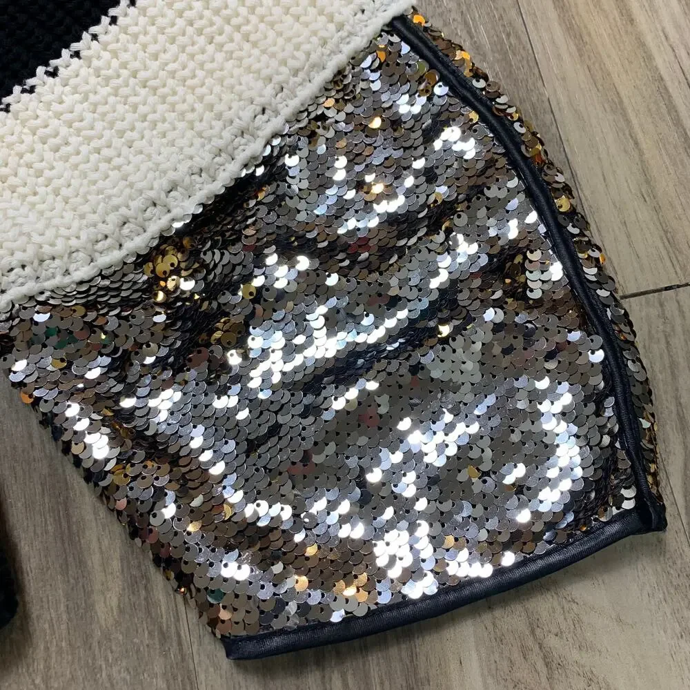 (Nude) Striped Long Glitter Sequin Sleeve Open Front Cardigan Sweater-38